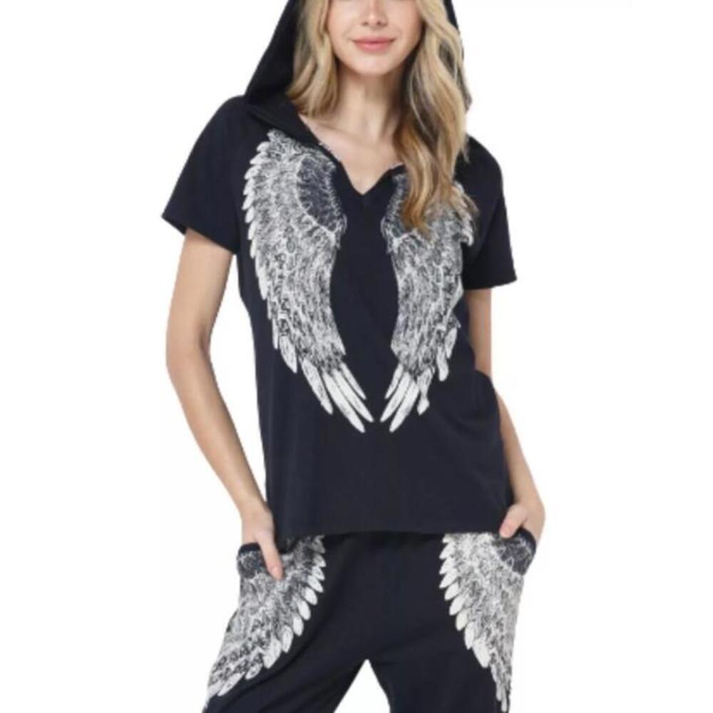 Vocal Black Short Sleeve Hooded Tee with White Angel Wings Print